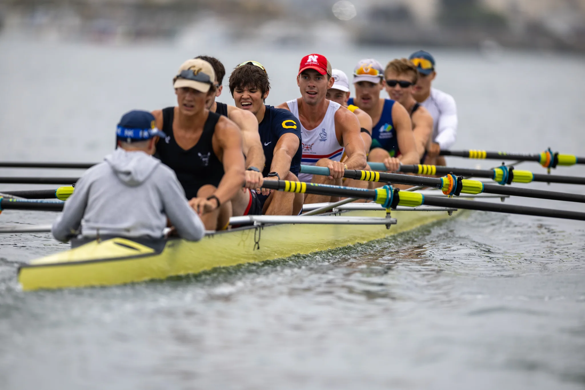 OAKLAND, CA :  August 29 2026. University of California Men’s Crew practice on the Oakland/Alameda Estuary. At the T. Gary Rogers Rowing Center. (Photo by Zach Franzezn)