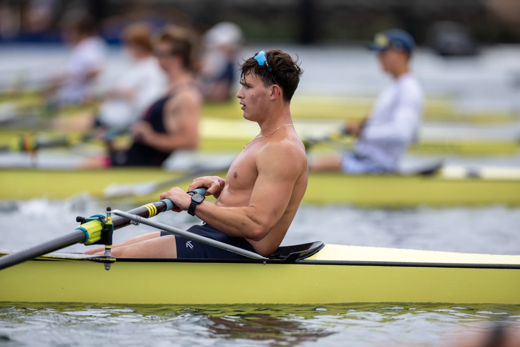 OAKLAND, CA :  August 29 2026. University of California Men’s Crew practice on the Oakland/Alameda Estuary. At the T. Gary Rogers Rowing Center. (Photo by Zach Franzezn)
