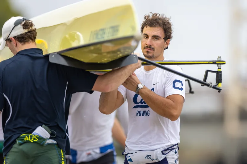 OAKLAND, CA :  August 29 2026. University of California Men’s Crew practice on the Oakland/Alameda Estuary. At the T. Gary Rogers Rowing Center. (Photo by Zach Franzezn)