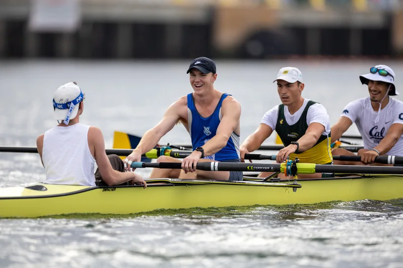 OAKLAND, CA :  August 29 2026. University of California Men’s Crew practice on the Oakland/Alameda Estuary. At the T. Gary Rogers Rowing Center. (Photo by Zach Franzezn)