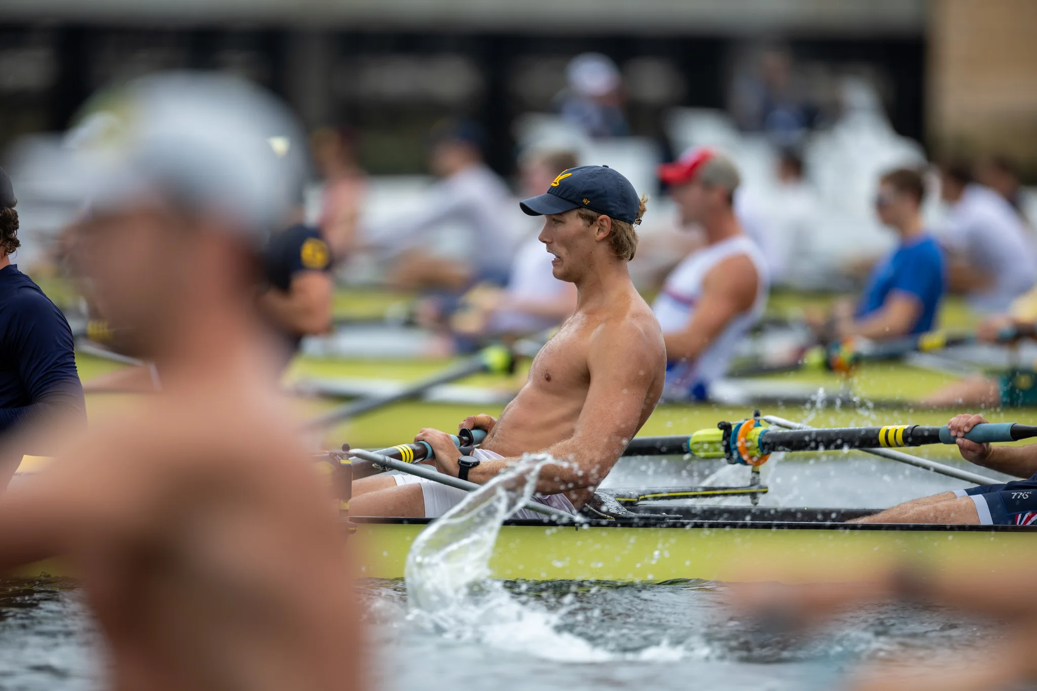 OAKLAND, CA :  August 29 2026. University of California Men’s Crew practice on the Oakland/Alameda Estuary. At the T. Gary Rogers Rowing Center. (Photo by Zach Franzezn)