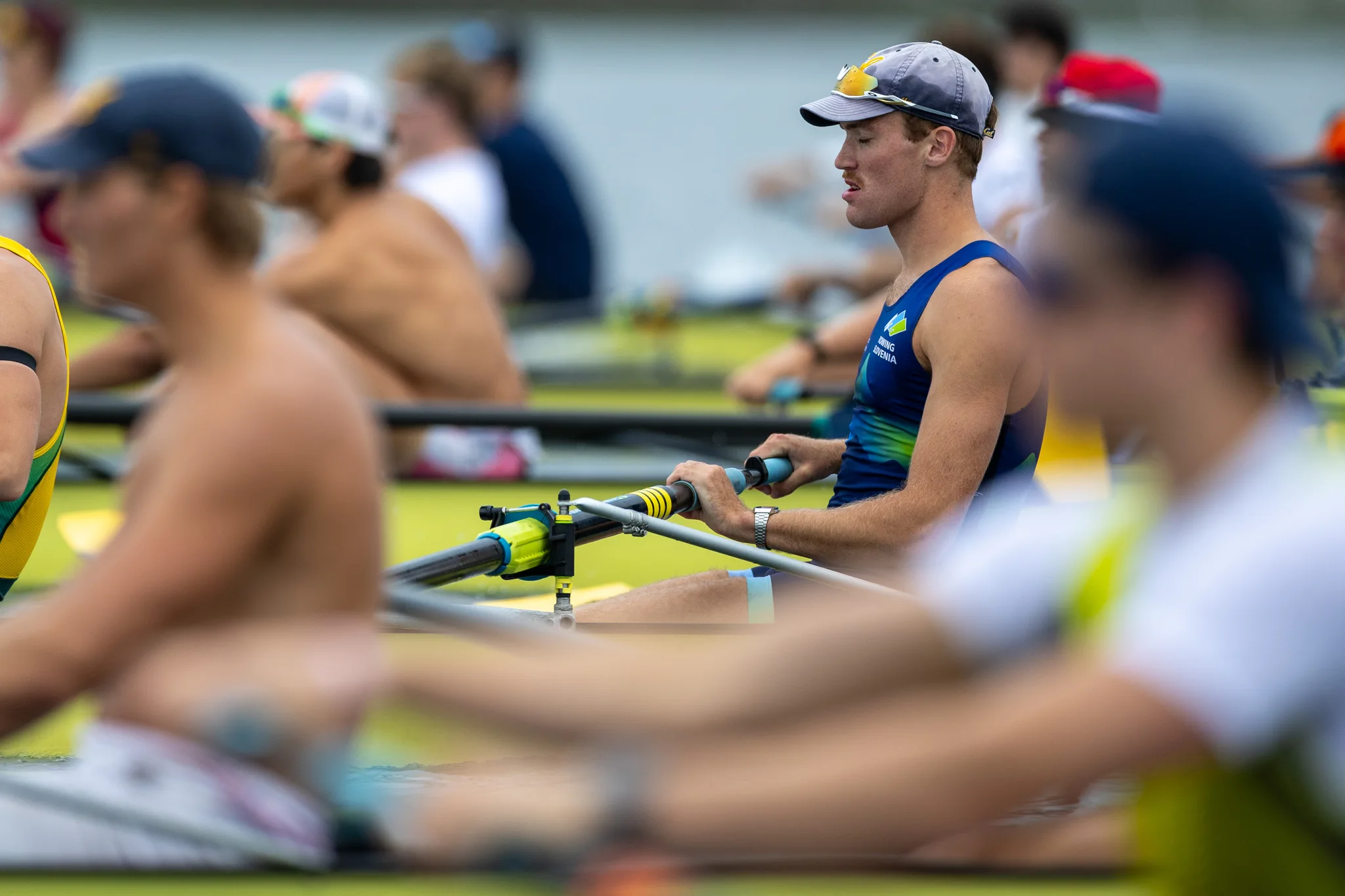 OAKLAND, CA :  August 29 2026. University of California Men’s Crew practice on the Oakland/Alameda Estuary. At the T. Gary Rogers Rowing Center. (Photo by Zach Franzezn)