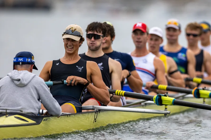 OAKLAND, CA :  August 29 2026. University of California Men’s Crew practice on the Oakland/Alameda Estuary. At the T. Gary Rogers Rowing Center. (Photo by Zach Franzezn)