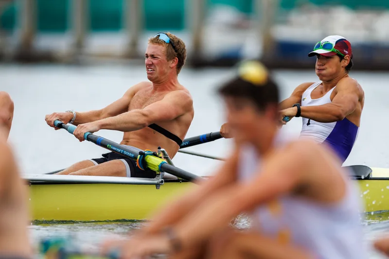 OAKLAND, CA :  September 19 2026. University of California Men’s Crew practice on the Oakland/Alameda Estuary. At the T. Gary Rogers Rowing Center. (Photo by Zach Franzezn)