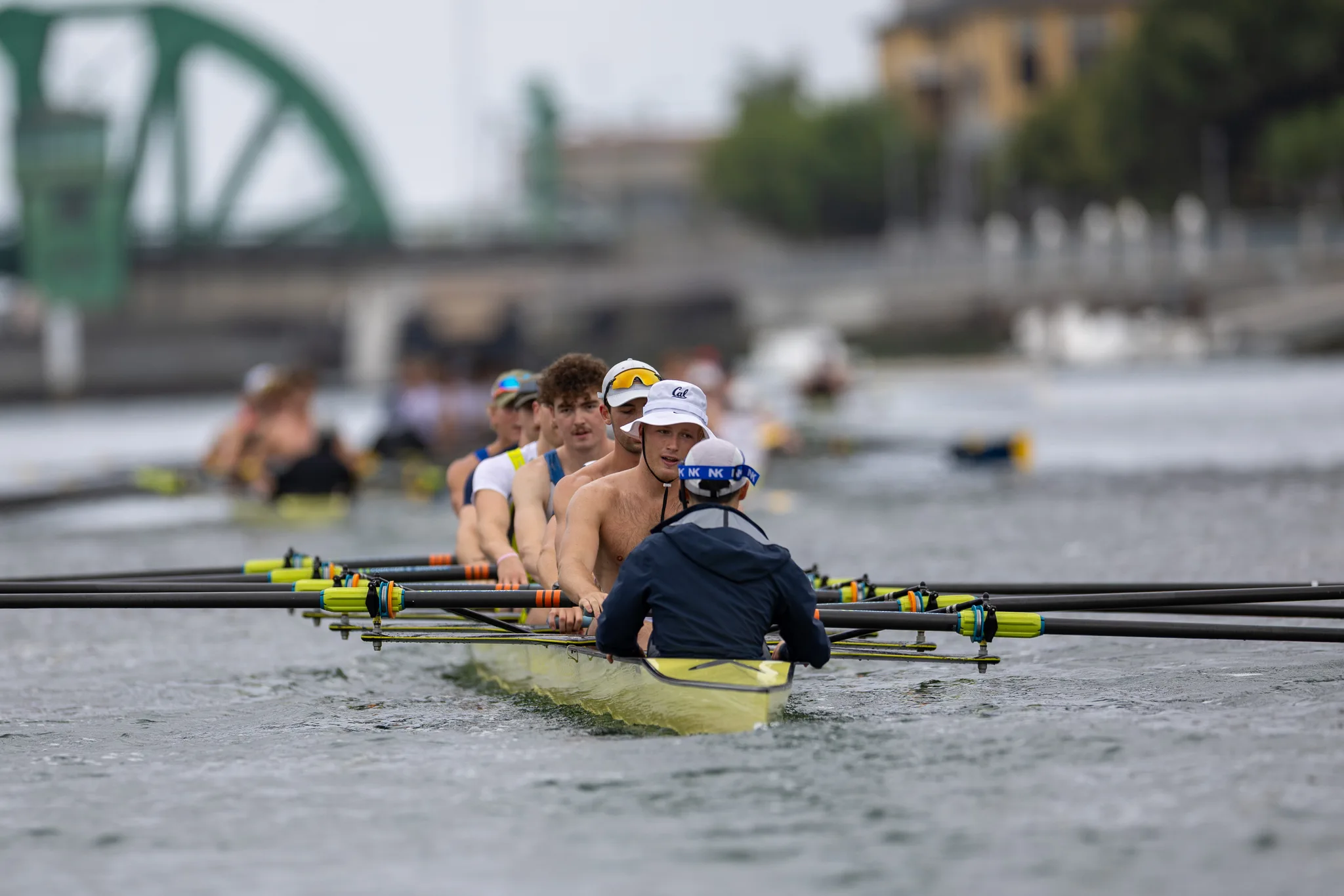 OAKLAND, CA :  August 29 2026. University of California Men’s Crew practice on the Oakland/Alameda Estuary. At the T. Gary Rogers Rowing Center. (Photo by Zach Franzezn)